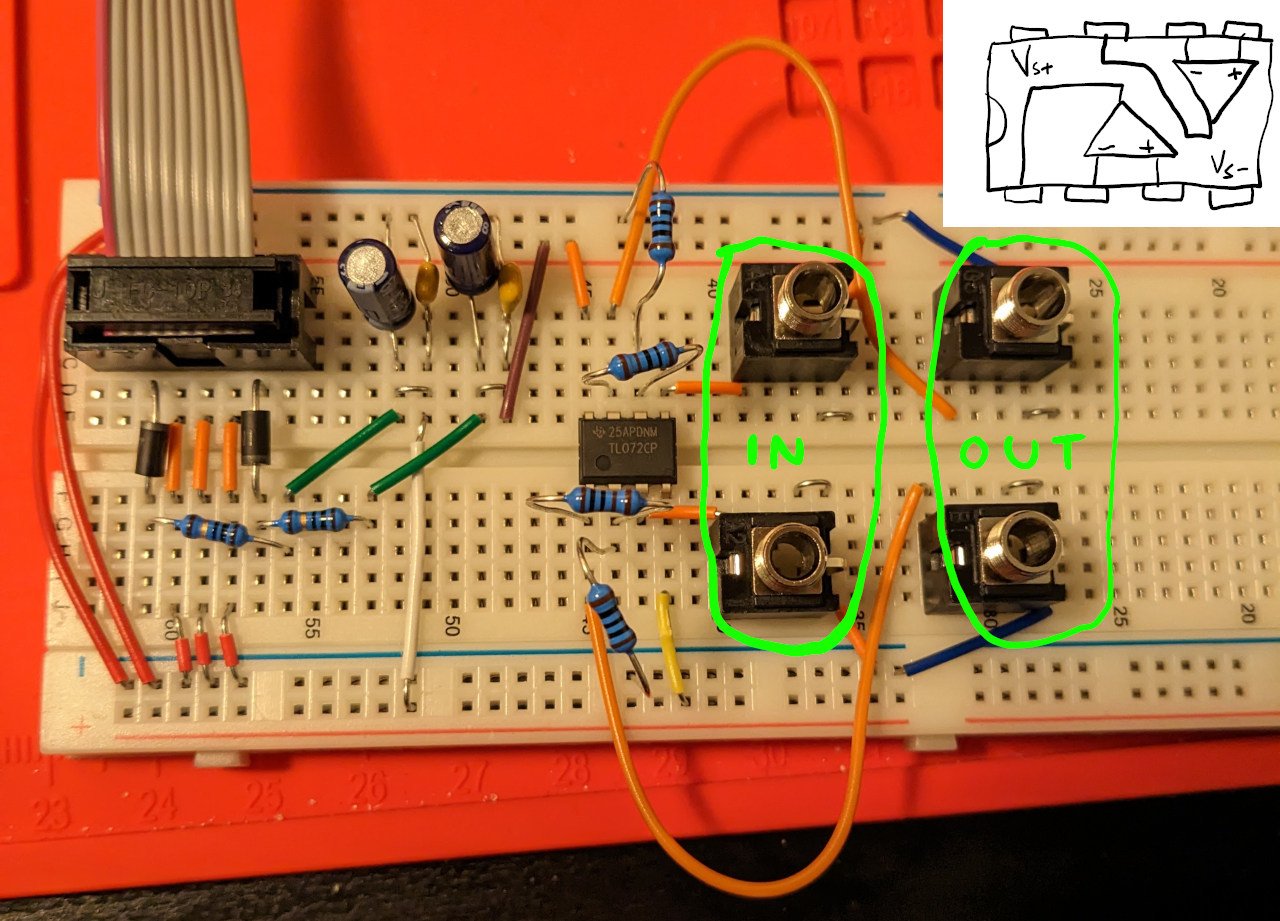 Two-channel line level to Eurorack amp on a breadboard 1