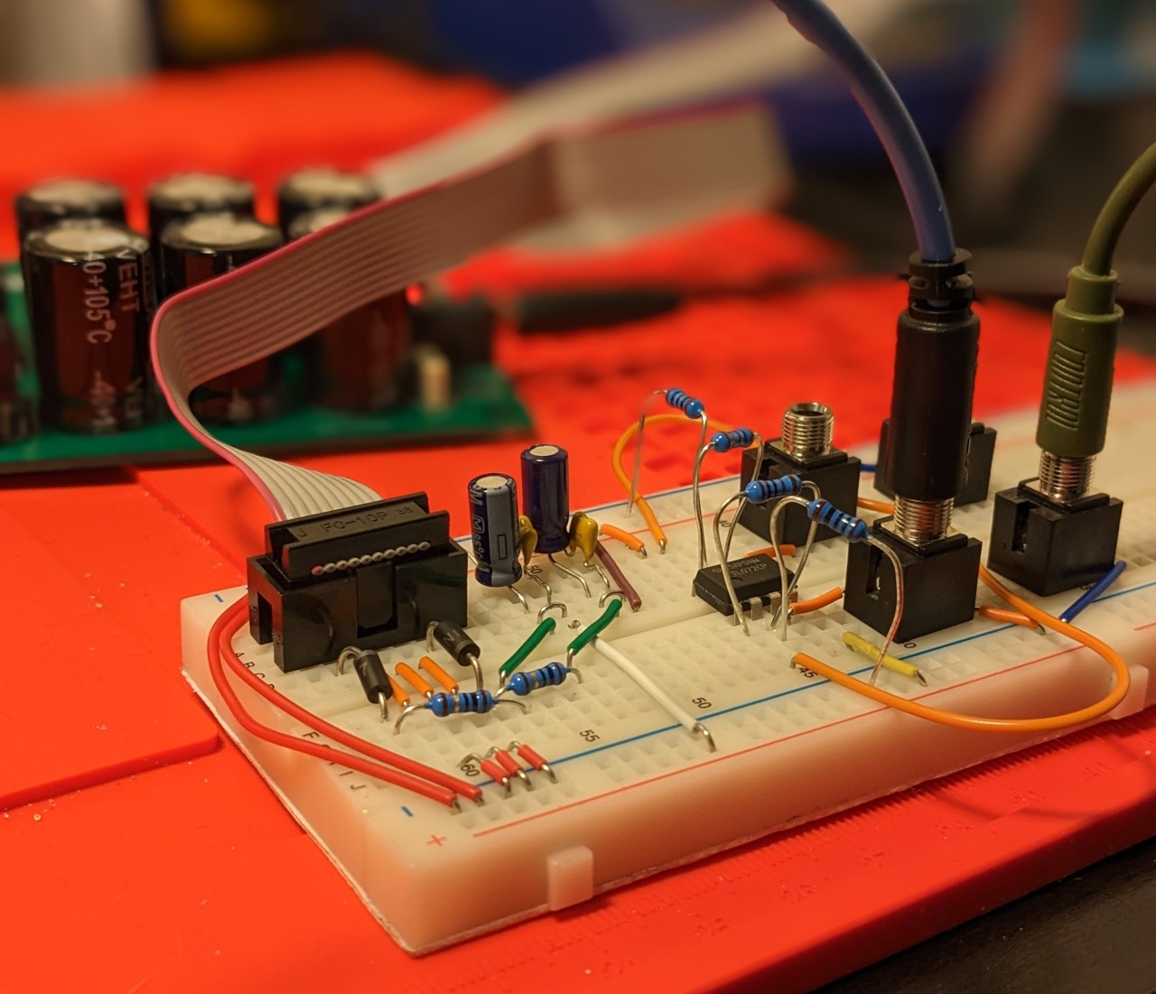 Two-channel line level to Eurorack amp on a breadboard 2