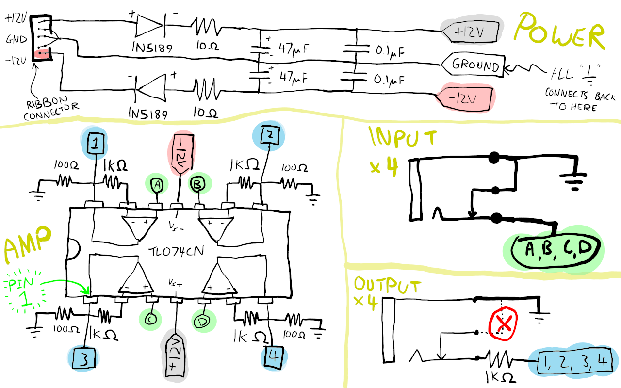 Circuit diagram for basic consumer-line-level to Eurorack-level audio amplifier